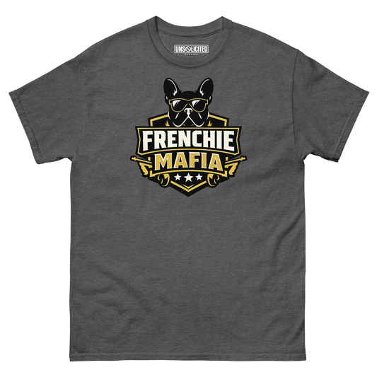 Frenchie Mafia funny French Bulldog shirt in Dark Heather, front view