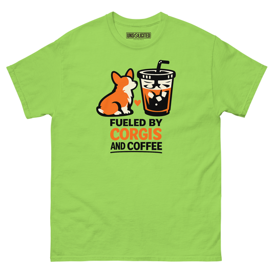 Fueled by Corgis and Coffee Shirt in Lime, front view
