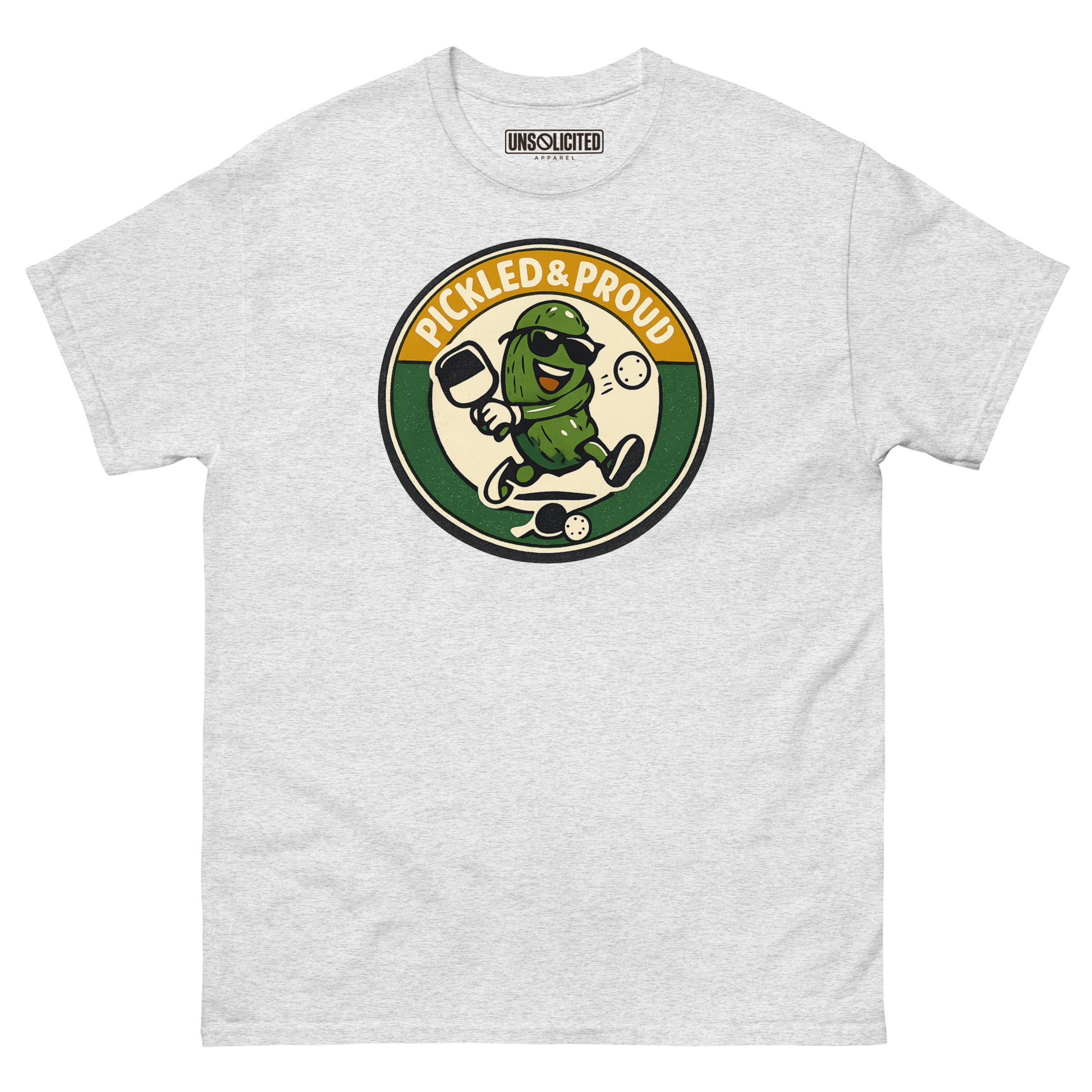 Pickled & Proud retro pickleball shirt in Ash, front view