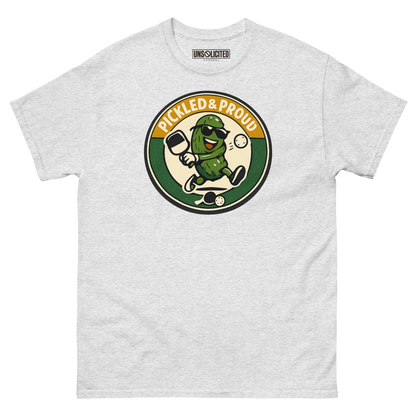 Pickled & Proud retro pickleball shirt in Ash, front view