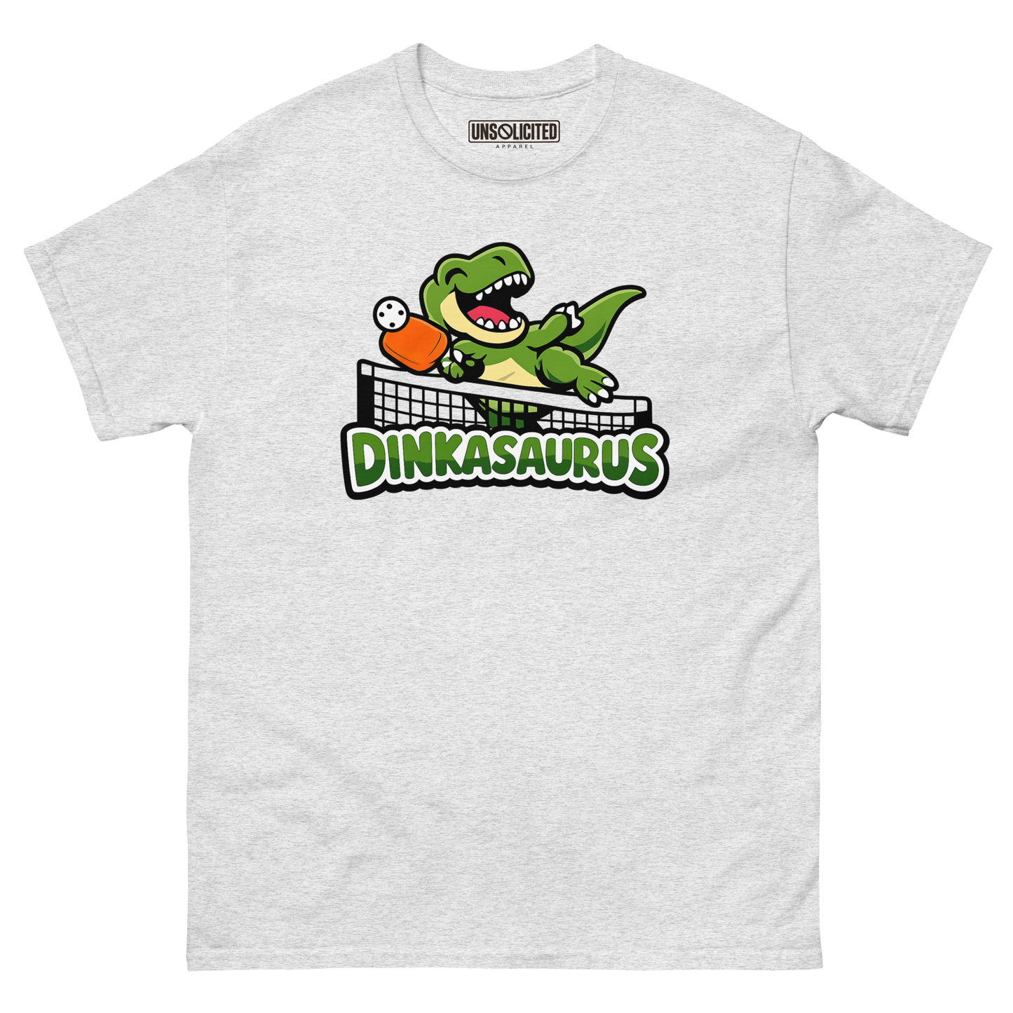 Dinkasaurus funny pickleball dinosaur shirt in Ash, front view