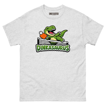 Dinkasaurus funny pickleball dinosaur shirt in Ash, front view
