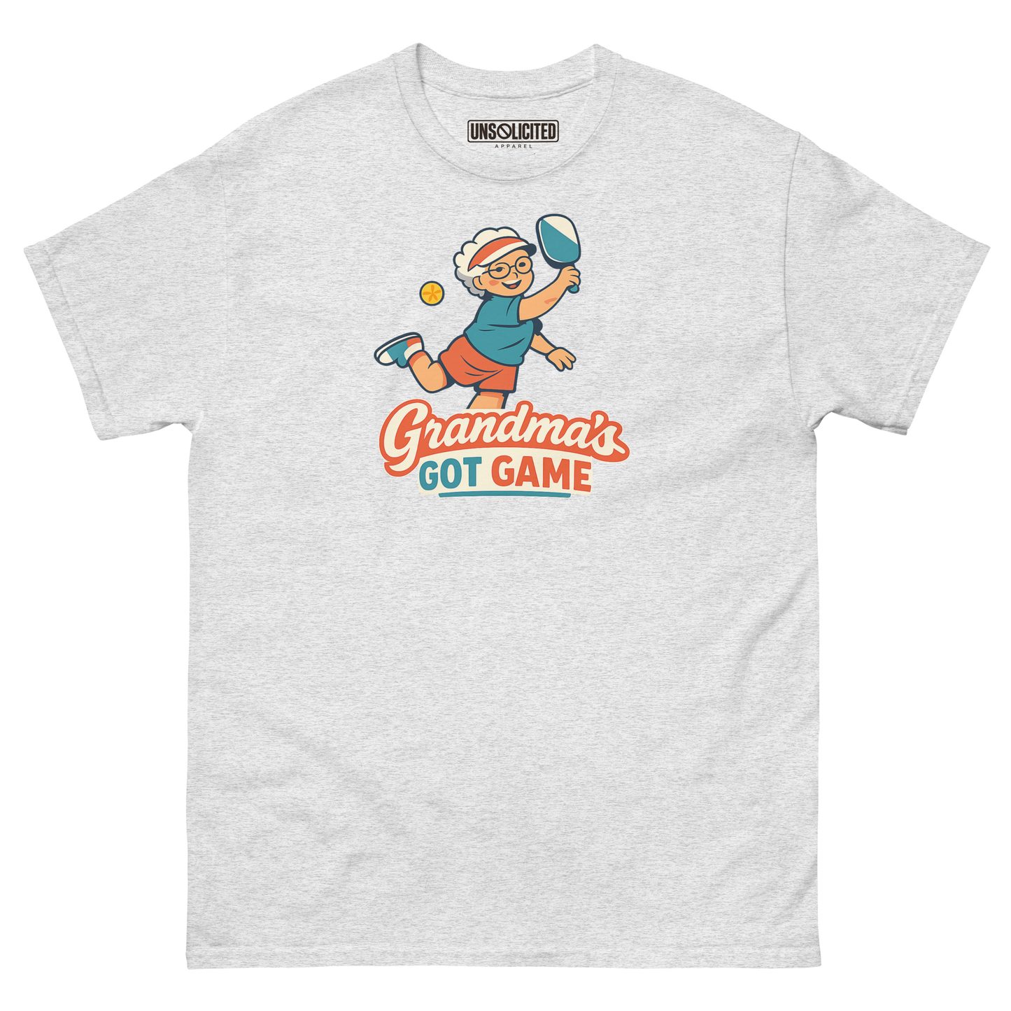 Grandma's Got Game funny pickleball shirt in Ash, front view