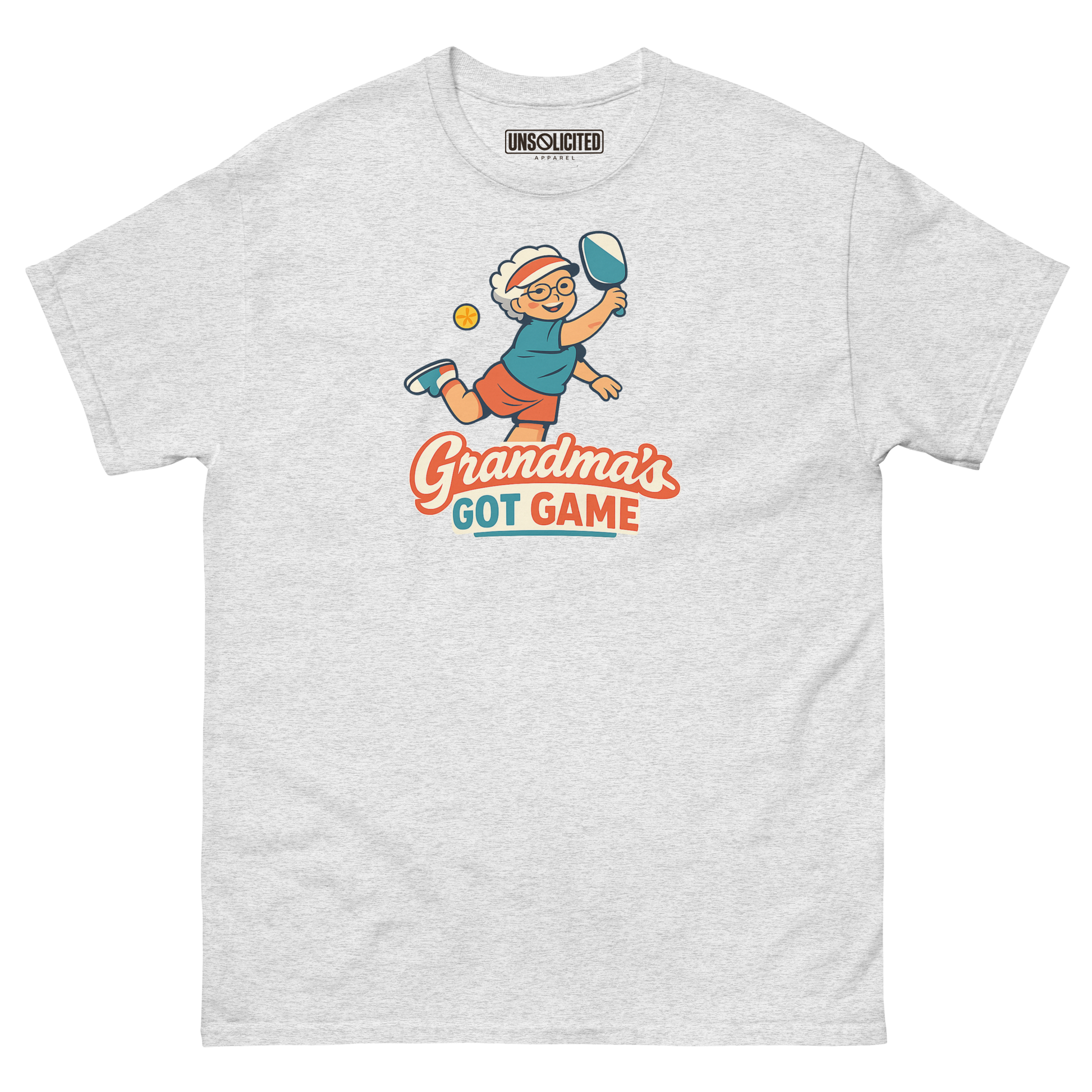 Grandma's Got Game funny pickleball shirt in Ash, front view