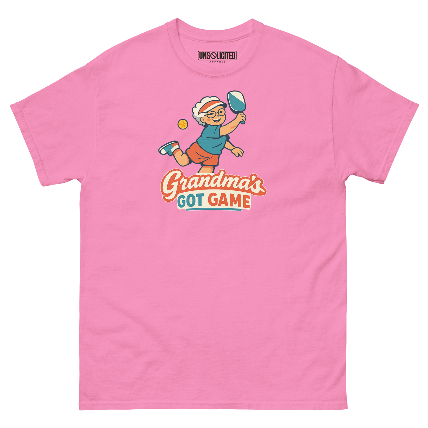Grandma's Got Game funny pickleball shirt in Azalea pink, front view