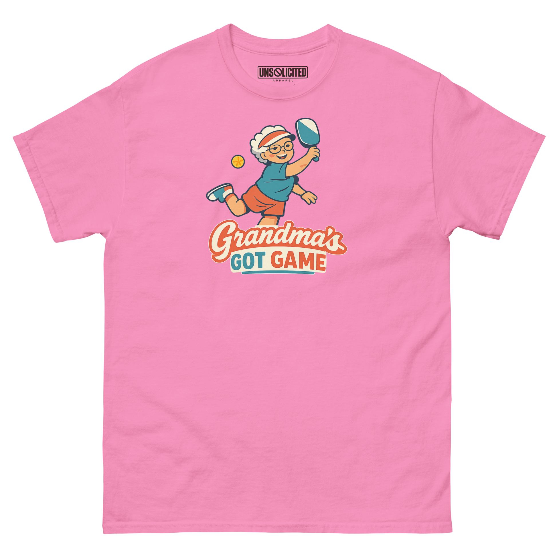 Grandma's Got Game funny pickleball shirt in Azalea pink, front view
