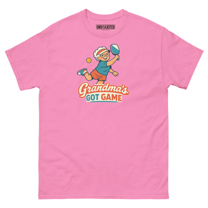 Grandma's Got Game funny pickleball shirt in Azalea pink, front view