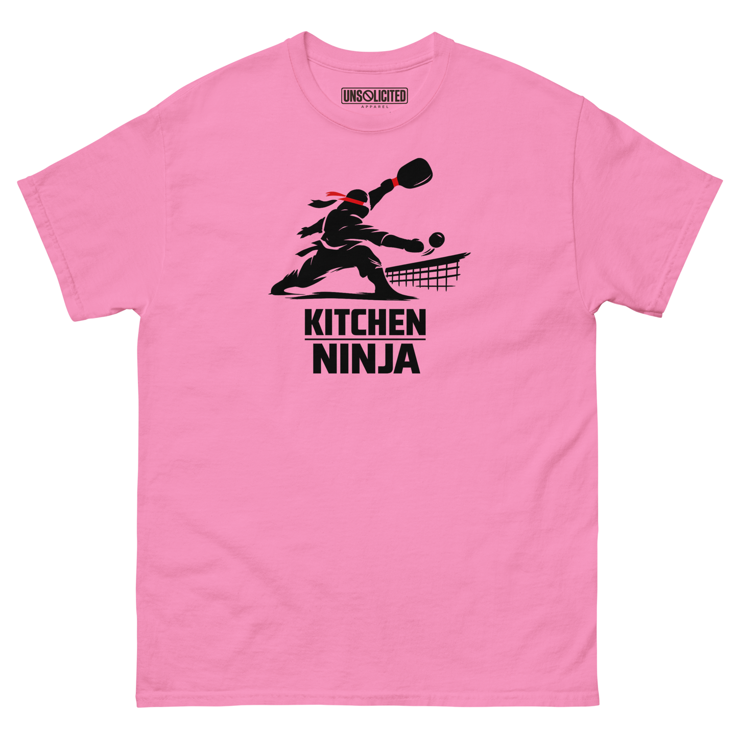 Kitchen Ninja funny pickleball shirt in Azalea pink, front view