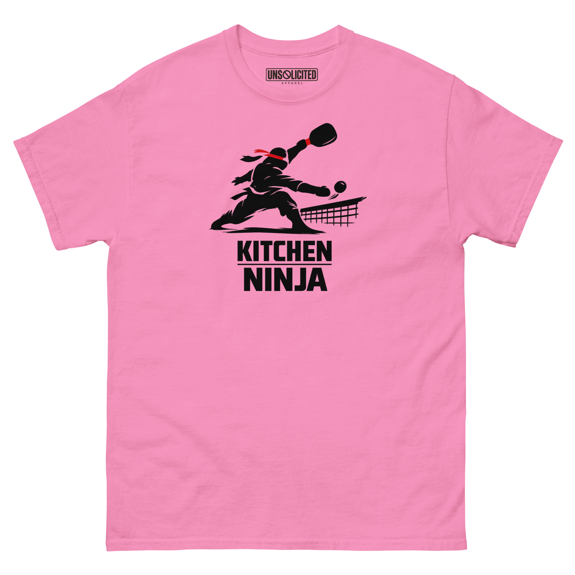 Kitchen Ninja funny pickleball shirt in Azalea pink, front view