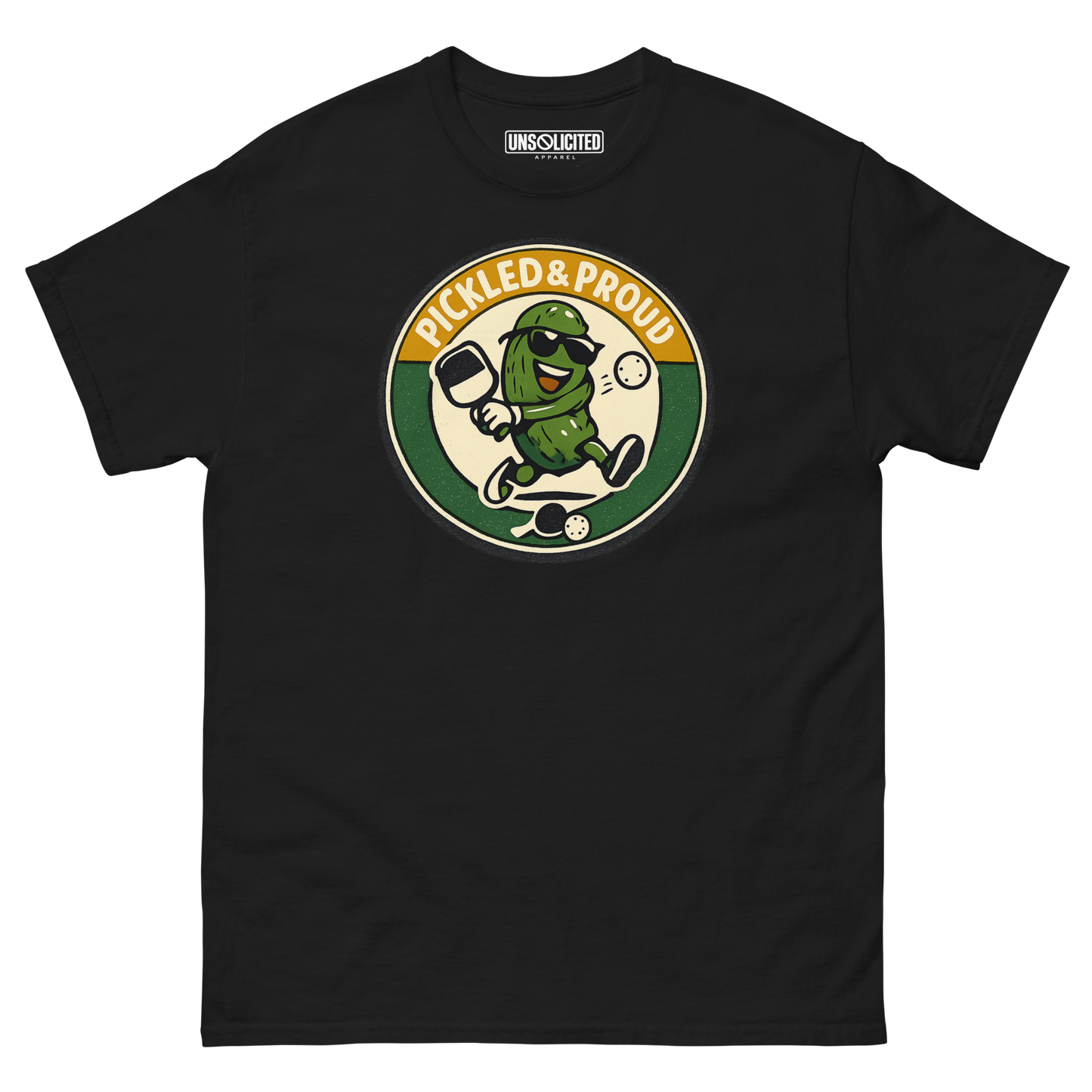 Pickled & Proud retro pickleball shirt in Black, front view