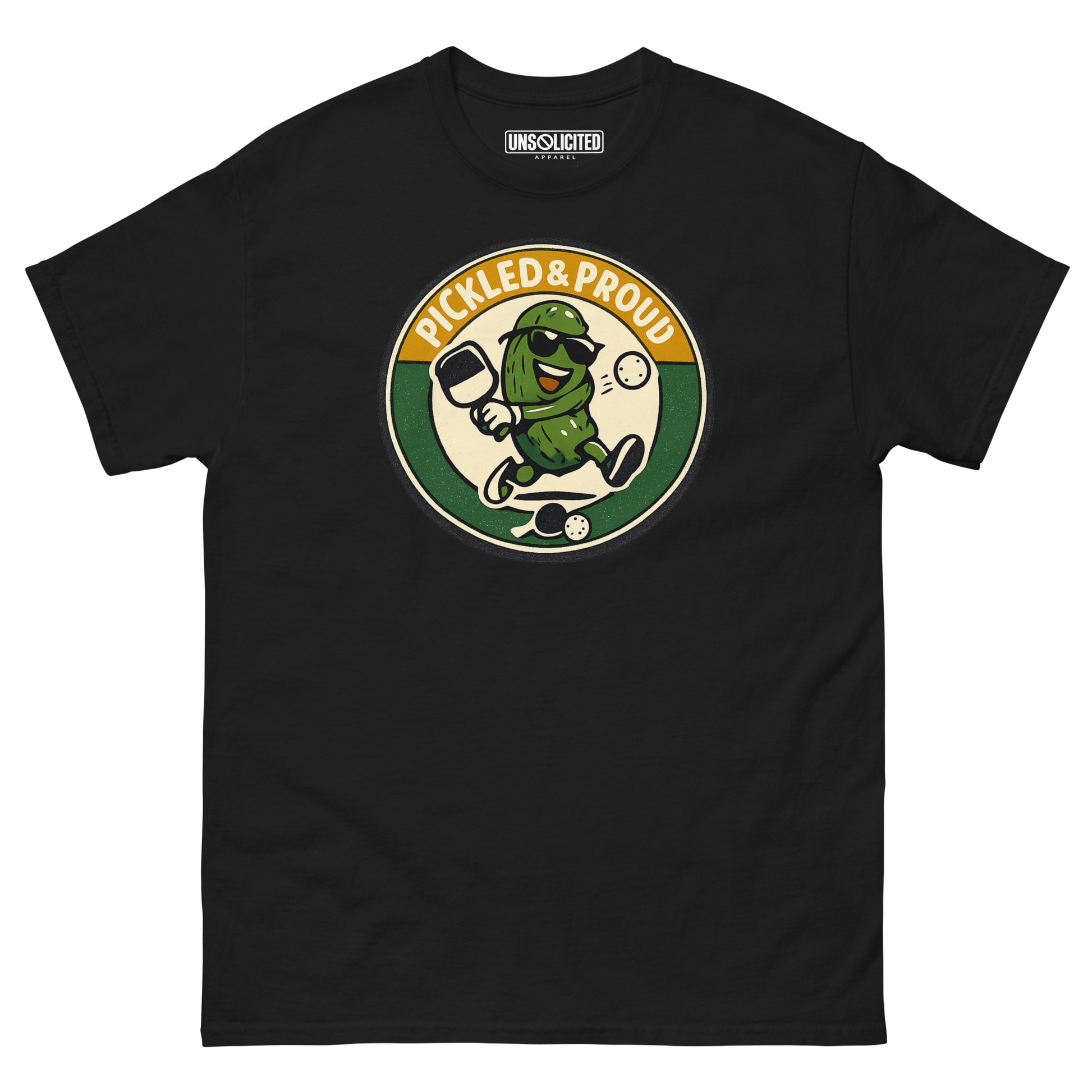 Pickled & Proud retro pickleball shirt in Black, front view