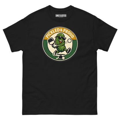 Pickled & Proud retro pickleball shirt in Black, front view