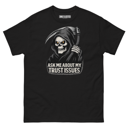 Ask Me About My Trust Issues Grim Reaper Halloween shirt in black, front view