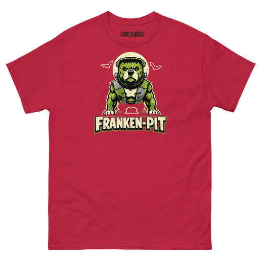Franken-Pit pitbull Halloween shirt in cardinal, front view