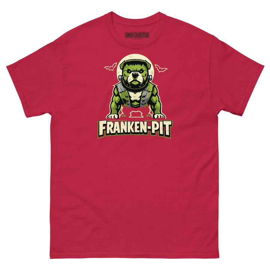 Franken-Pit pitbull Halloween shirt in cardinal, front view