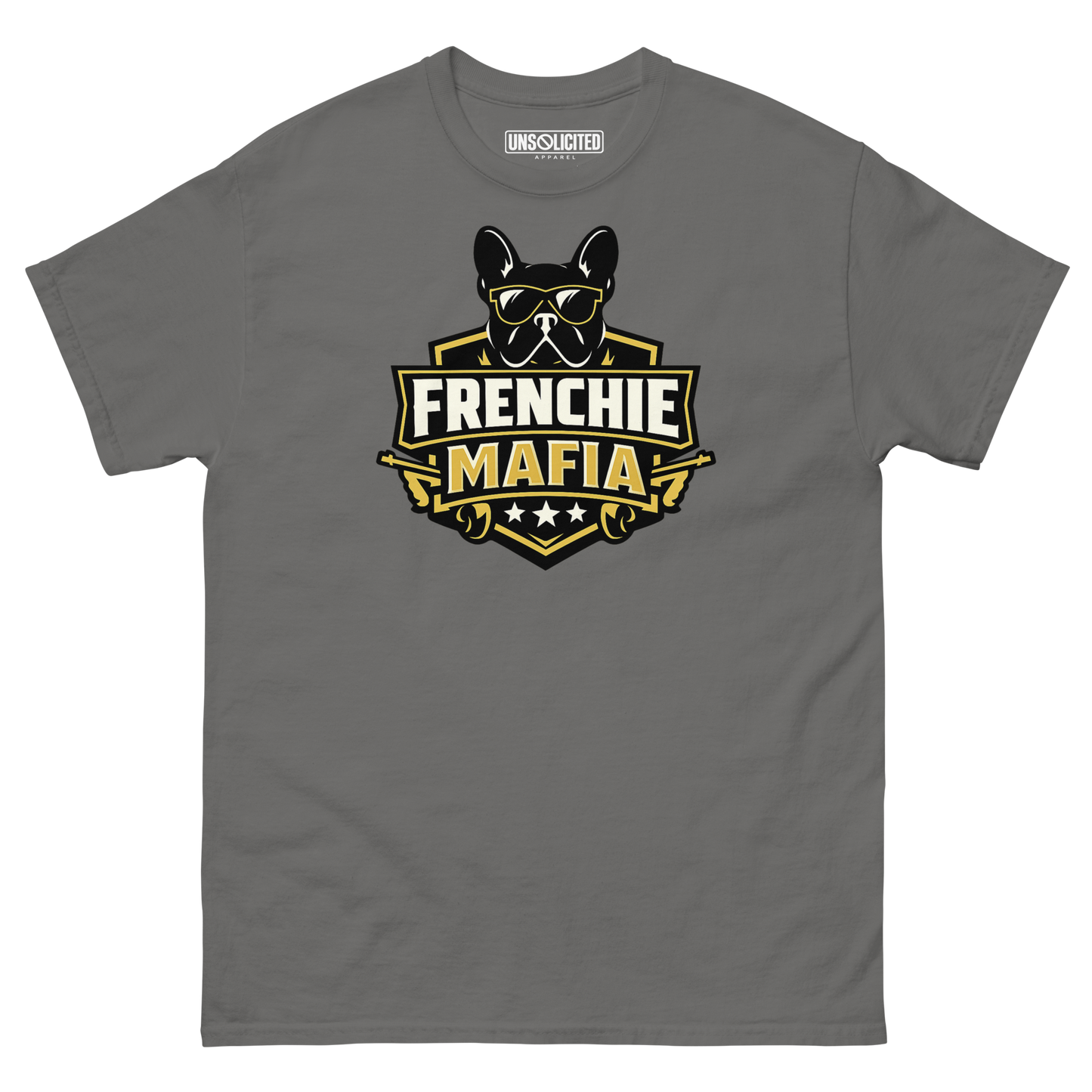 Frenchie Mafia funny French Bulldog shirt in Charcoal, front view