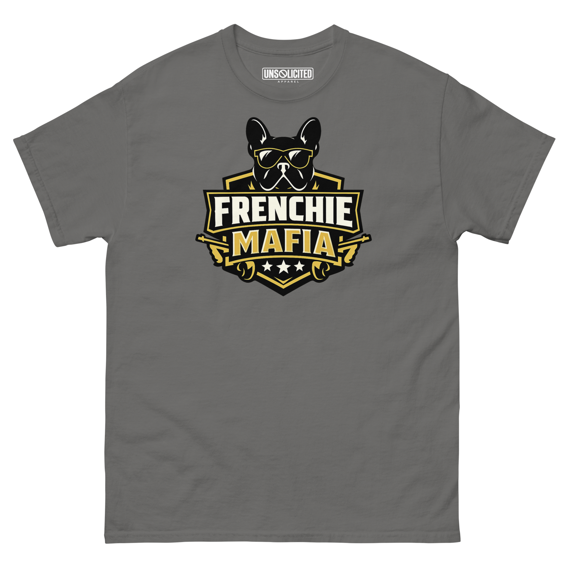 Frenchie Mafia funny French Bulldog shirt in Charcoal, front view