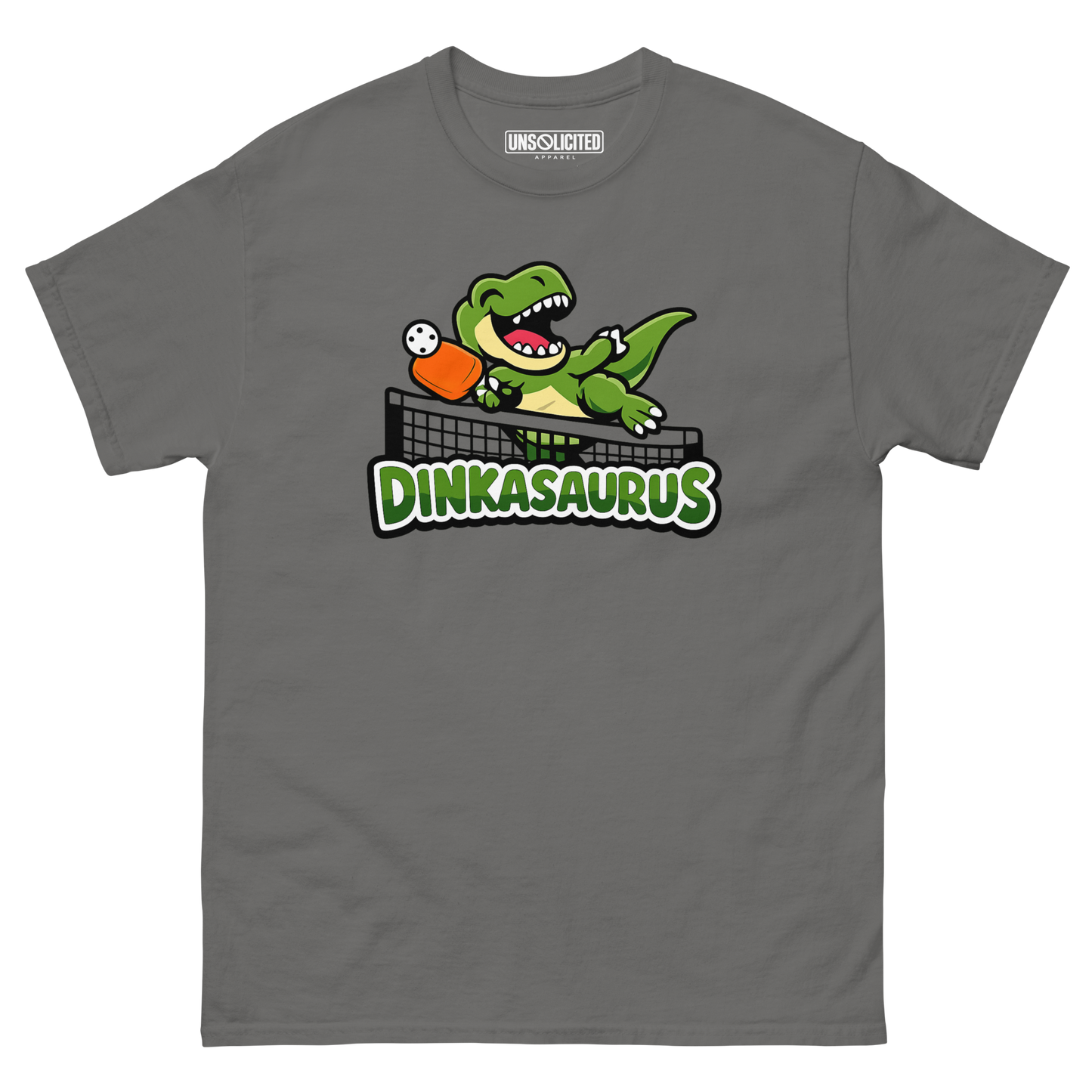 Dinkasaurus funny pickleball dinosaur shirt in Charcoal, front view