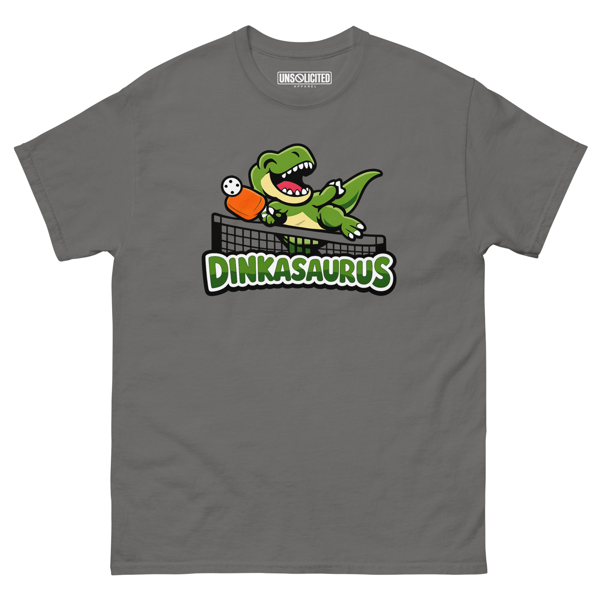 Dinkasaurus funny pickleball dinosaur shirt in Charcoal, front view