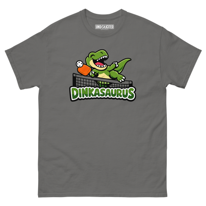 Dinkasaurus funny pickleball dinosaur shirt in Charcoal, front view
