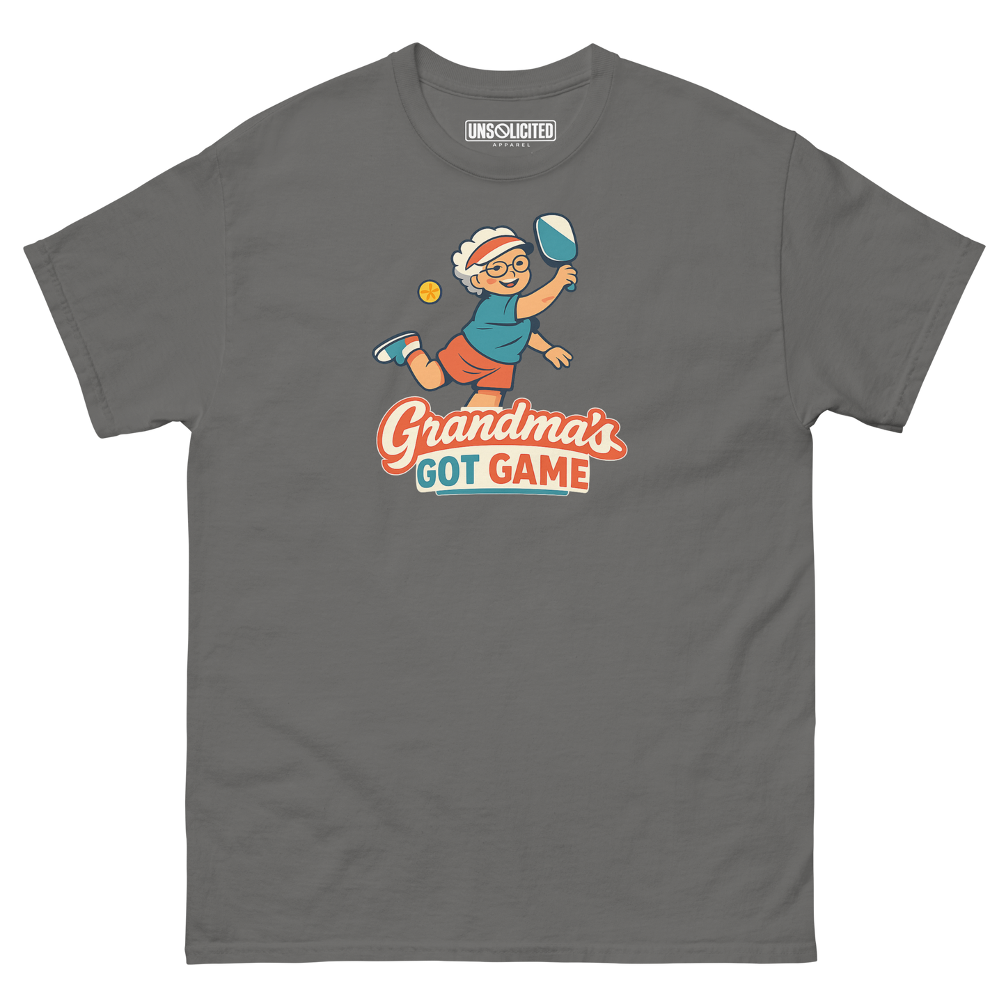 Grandma's Got Game funny pickleball shirt in Charcoal, front view