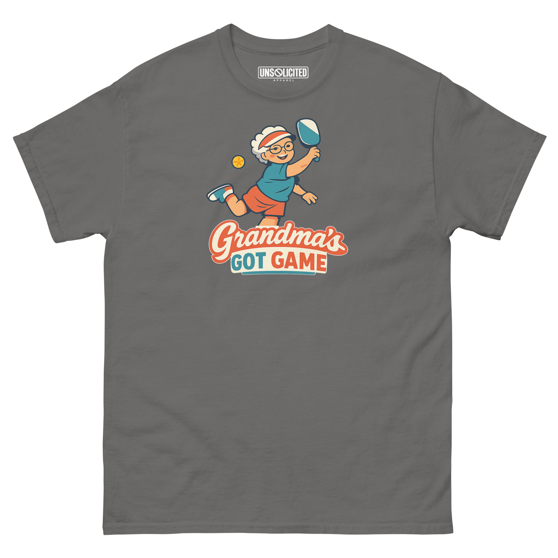 Grandma's Got Game funny pickleball shirt in Charcoal, front view