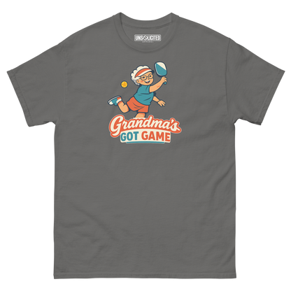 Grandma's Got Game funny pickleball shirt in Charcoal, front view