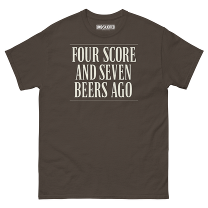 Four Score and Seven Beers Ago funny drinking shirt in dark chocolate, front view