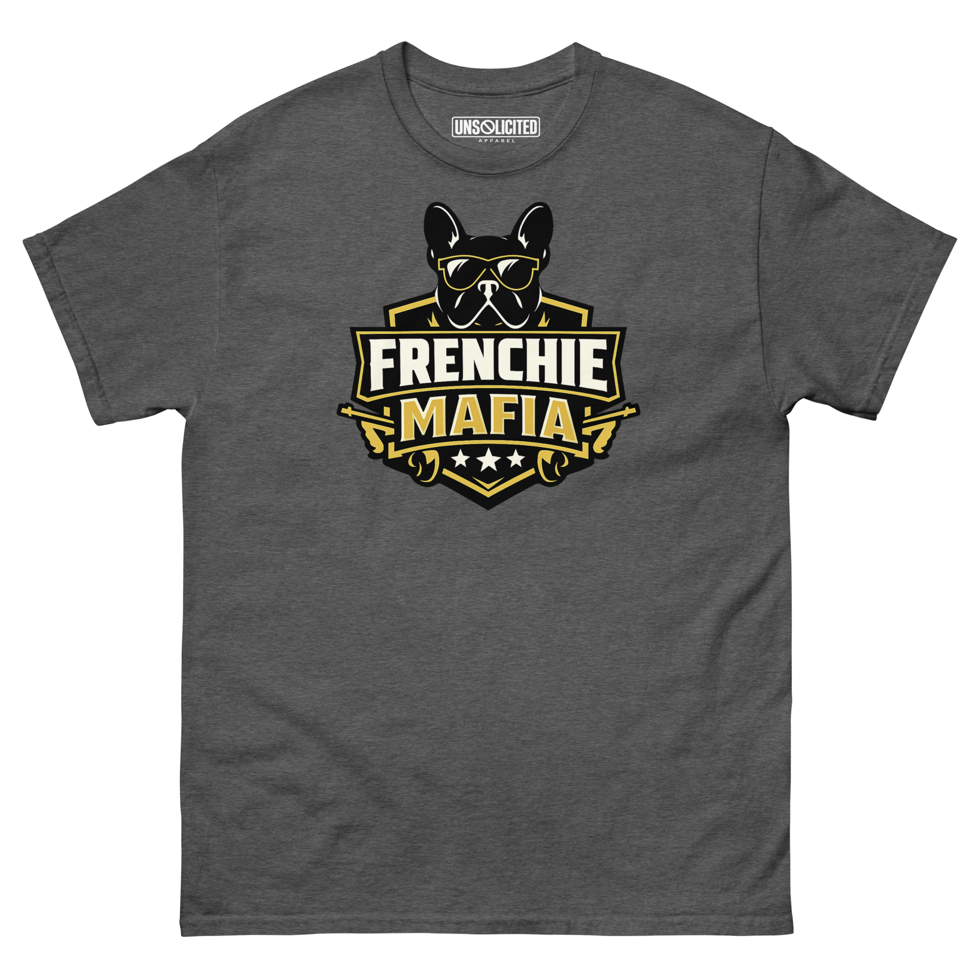 Frenchie Mafia funny French Bulldog shirt in Dark Heather, front view