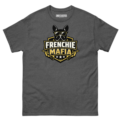 Frenchie Mafia funny French Bulldog shirt in Dark Heather, front view