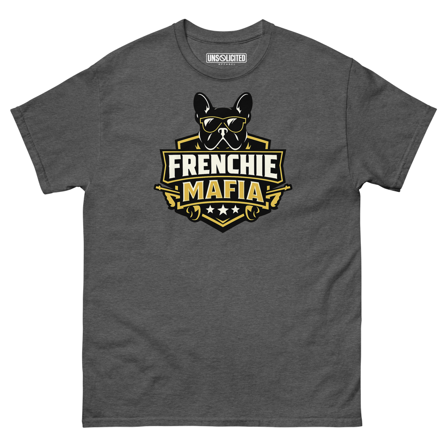 Frenchie Mafia funny French Bulldog shirt in Dark Heather, front view