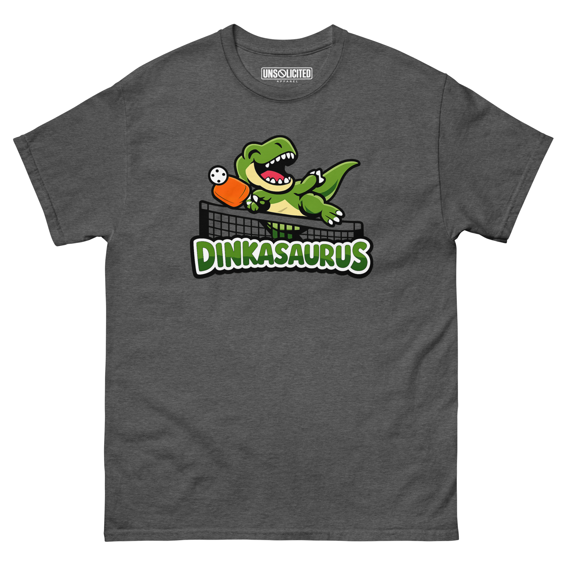 Dinkasaurus funny pickleball dinosaur shirt in Dark Heather, front view