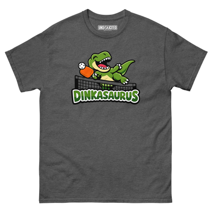 Dinkasaurus funny pickleball dinosaur shirt in Dark Heather, front view