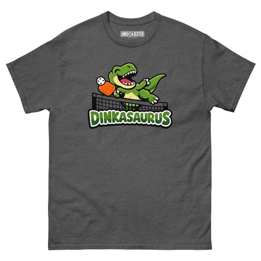 Dinkasaurus funny pickleball dinosaur shirt in Dark Heather, front view