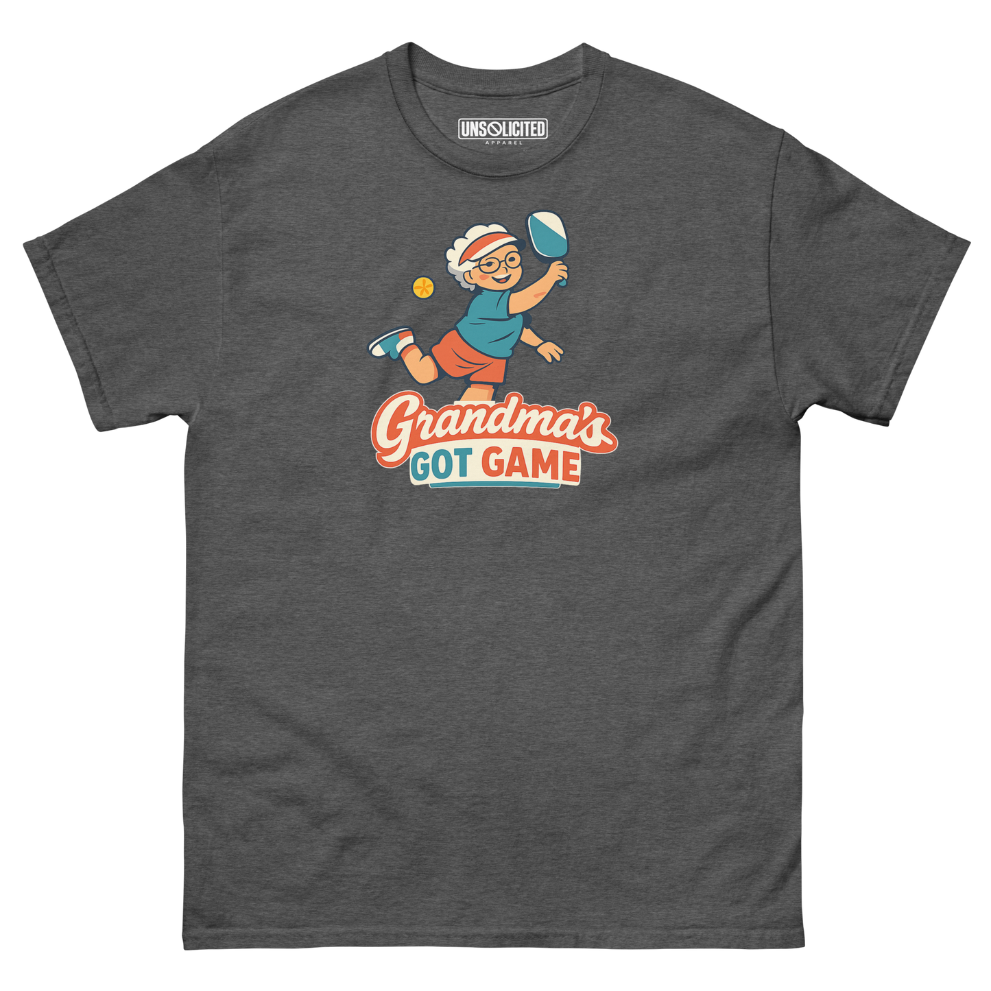 Grandma's Got Game funny pickleball shirt in Dark Heather, front view