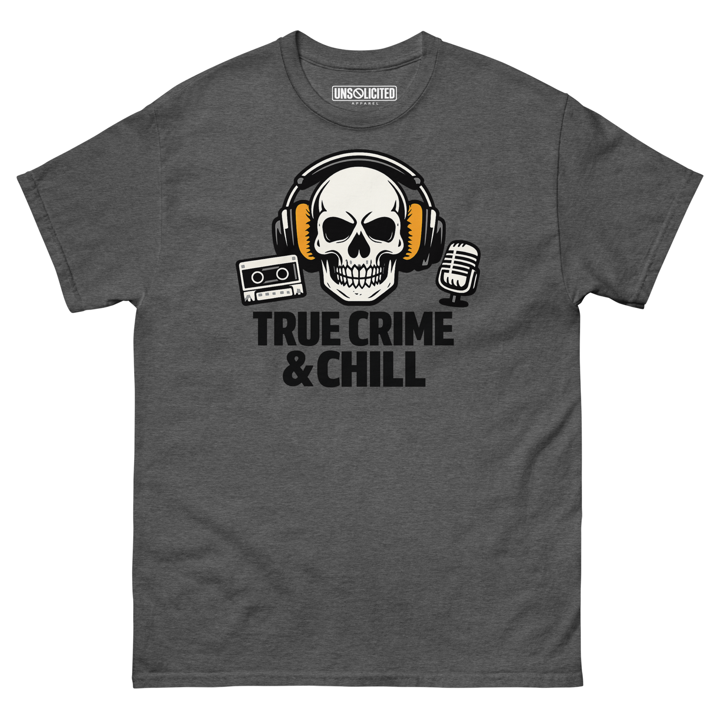True Crime and Chill funny podcast shirt in dark heather, front view