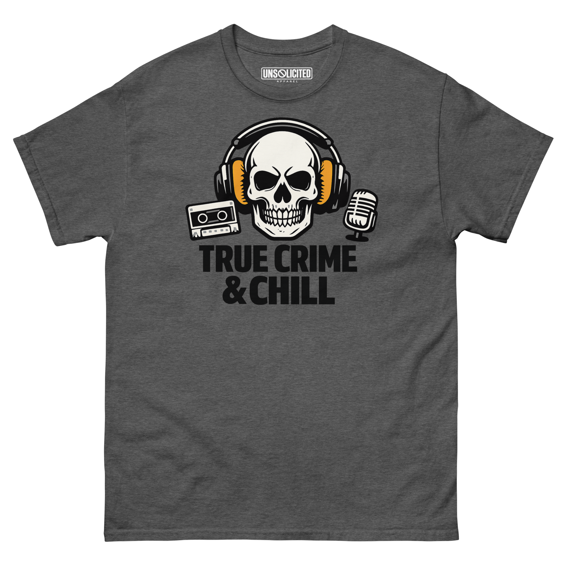 True Crime and Chill funny podcast shirt in dark heather, front view