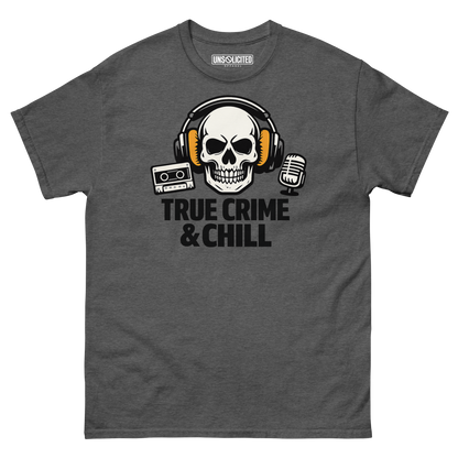 True Crime and Chill funny podcast shirt in dark heather, front view