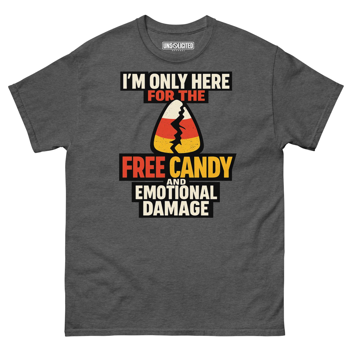 Free Candy and Emotional Damage funny Halloween shirt in dark heather, front view