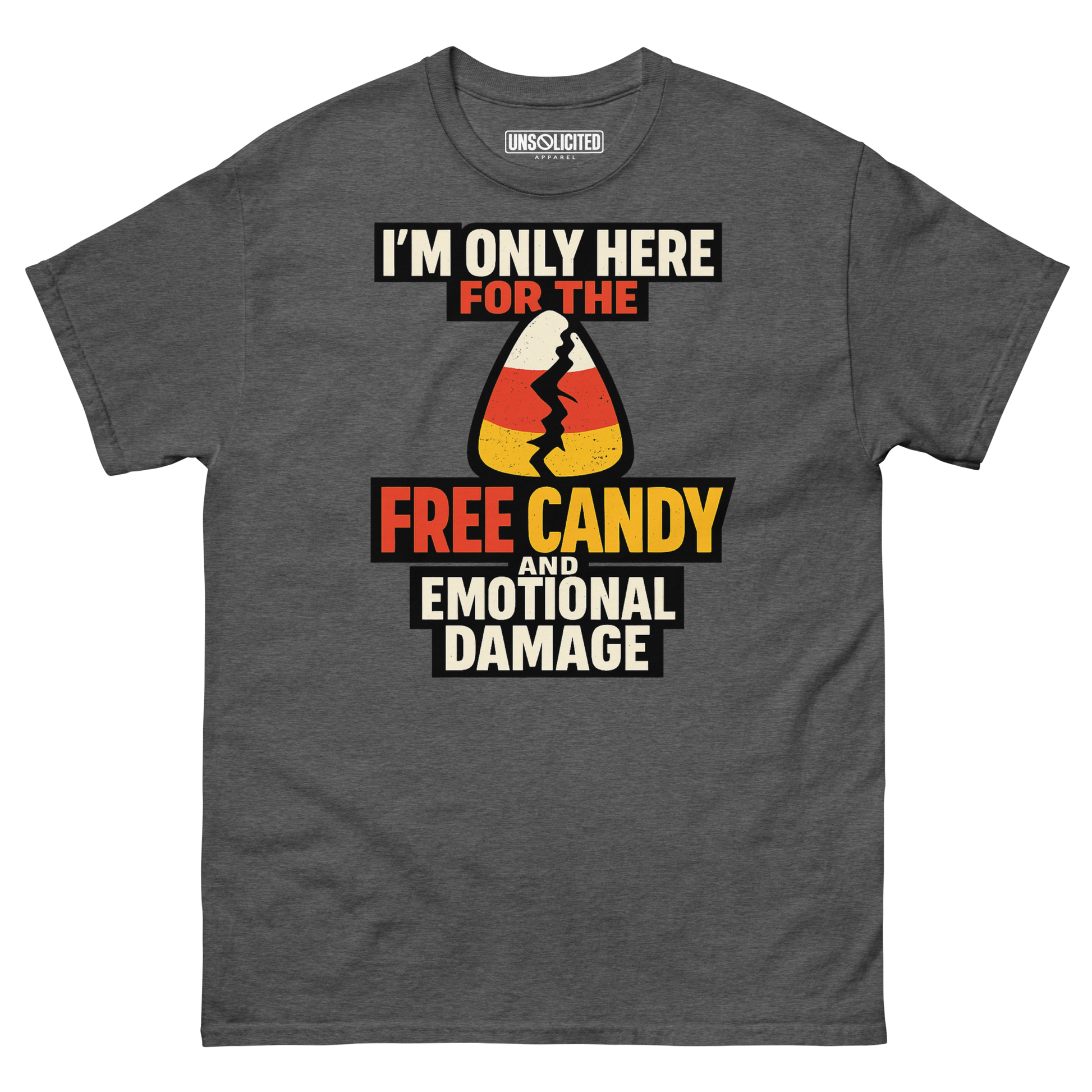 Free Candy and Emotional Damage funny Halloween shirt in dark heather, front view