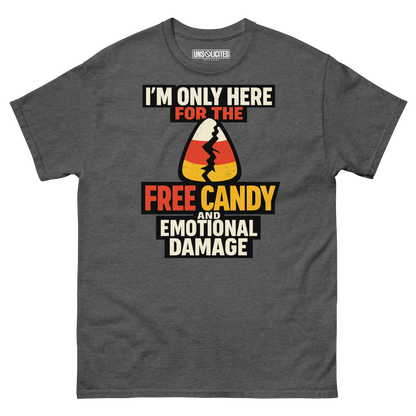Free Candy and Emotional Damage funny Halloween shirt in dark heather, front view