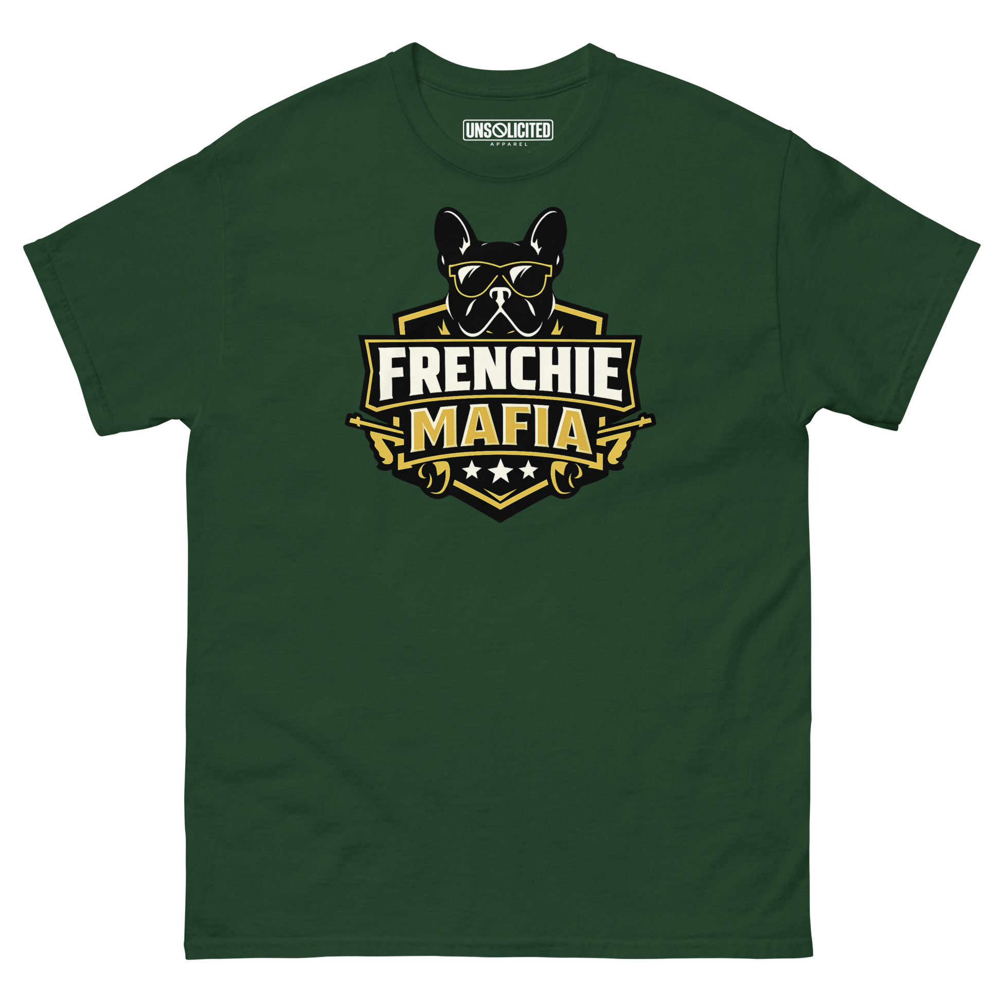 Frenchie Mafia funny French Bulldog shirt in Forest Green, front view