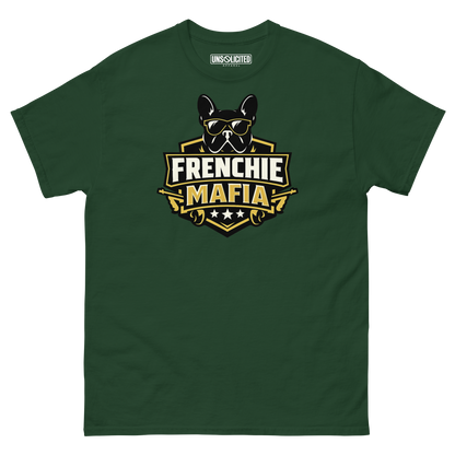 Frenchie Mafia funny French Bulldog shirt in Forest Green, front view