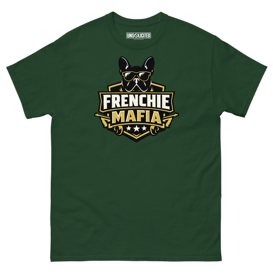 Frenchie Mafia funny French Bulldog shirt in Forest Green, front view