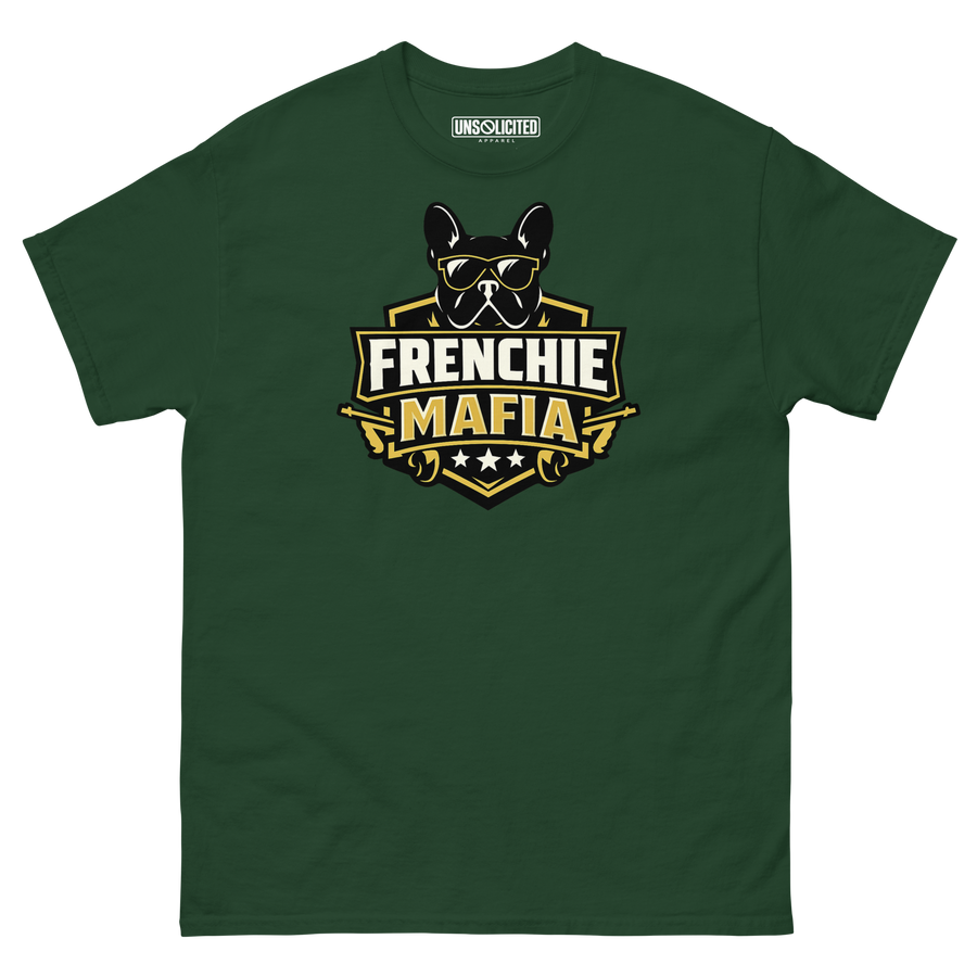 Frenchie Mafia funny French Bulldog shirt in Forest Green, front view