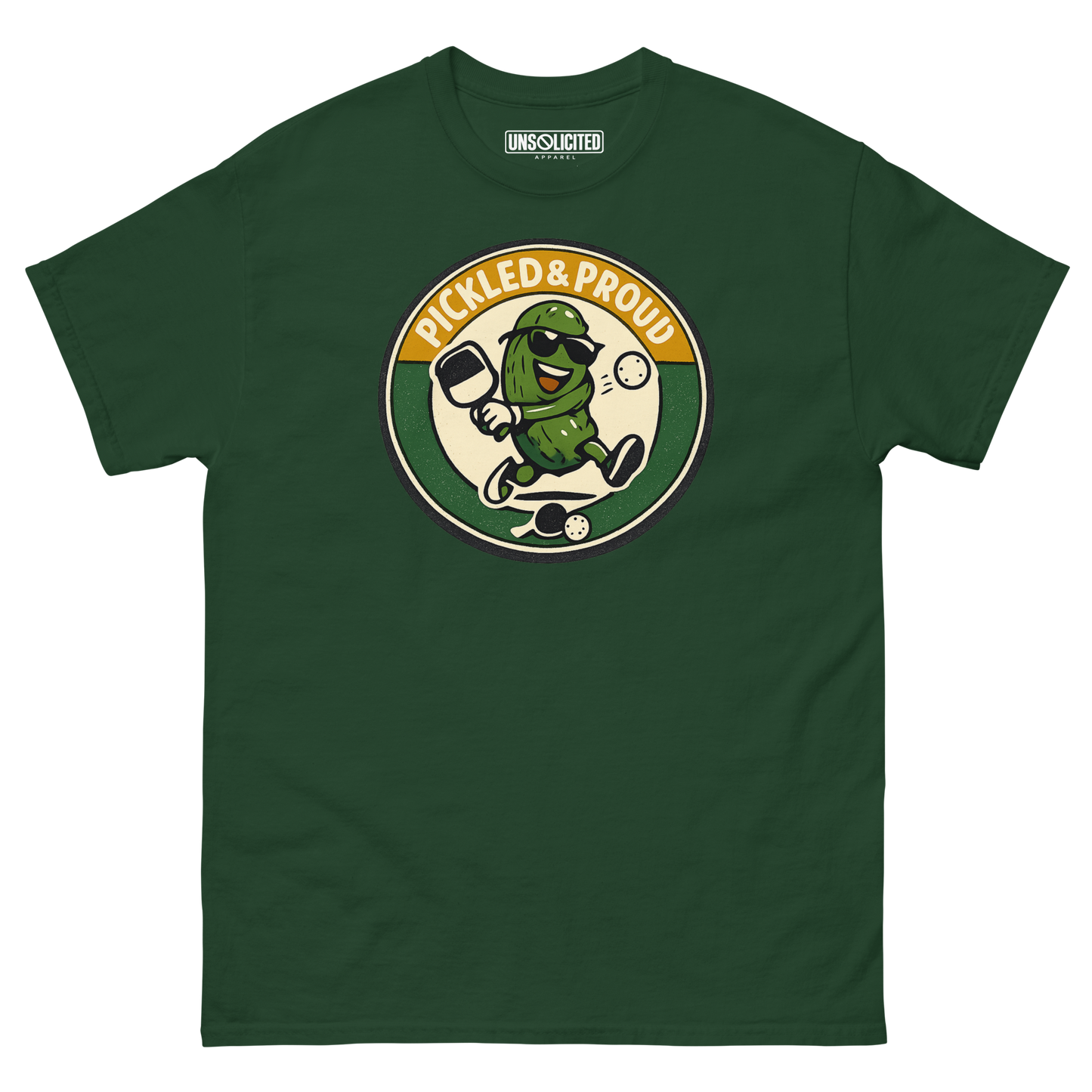 Pickled & Proud retro pickleball shirt in Forest Green, front view