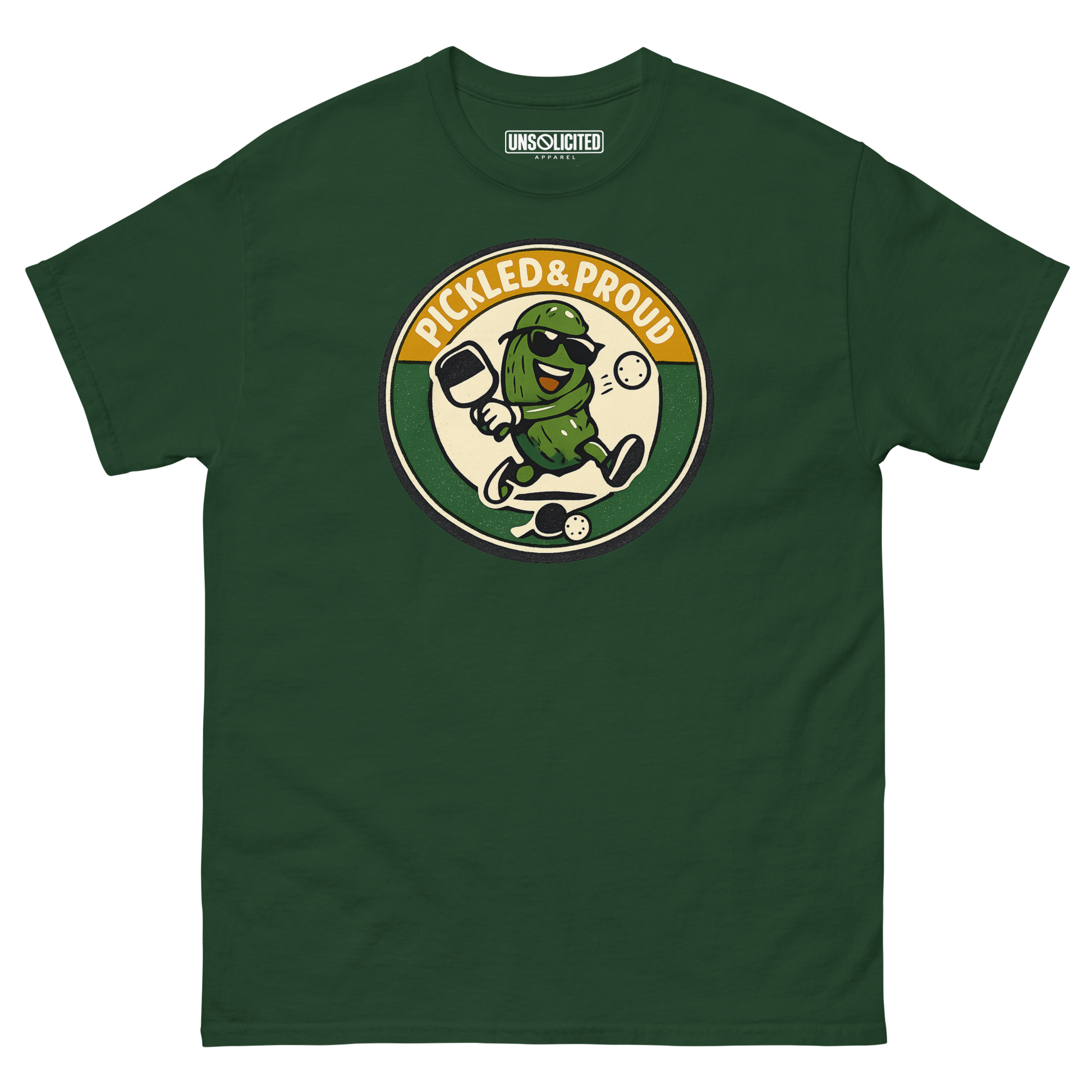 Pickled & Proud retro pickleball shirt in Forest Green, front view