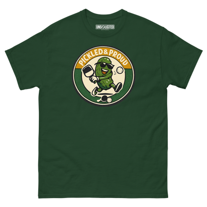 Pickled & Proud retro pickleball shirt in Forest Green, front view