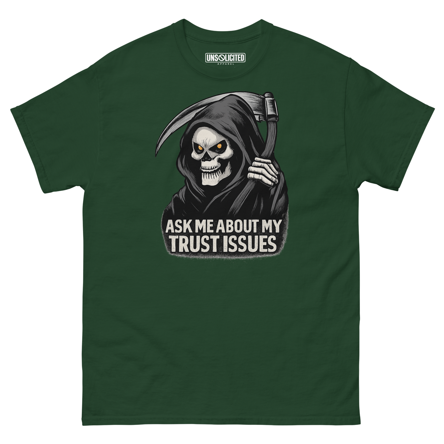 Ask Me About My Trust Issues Grim Reaper Halloween shirt in forest green, front view