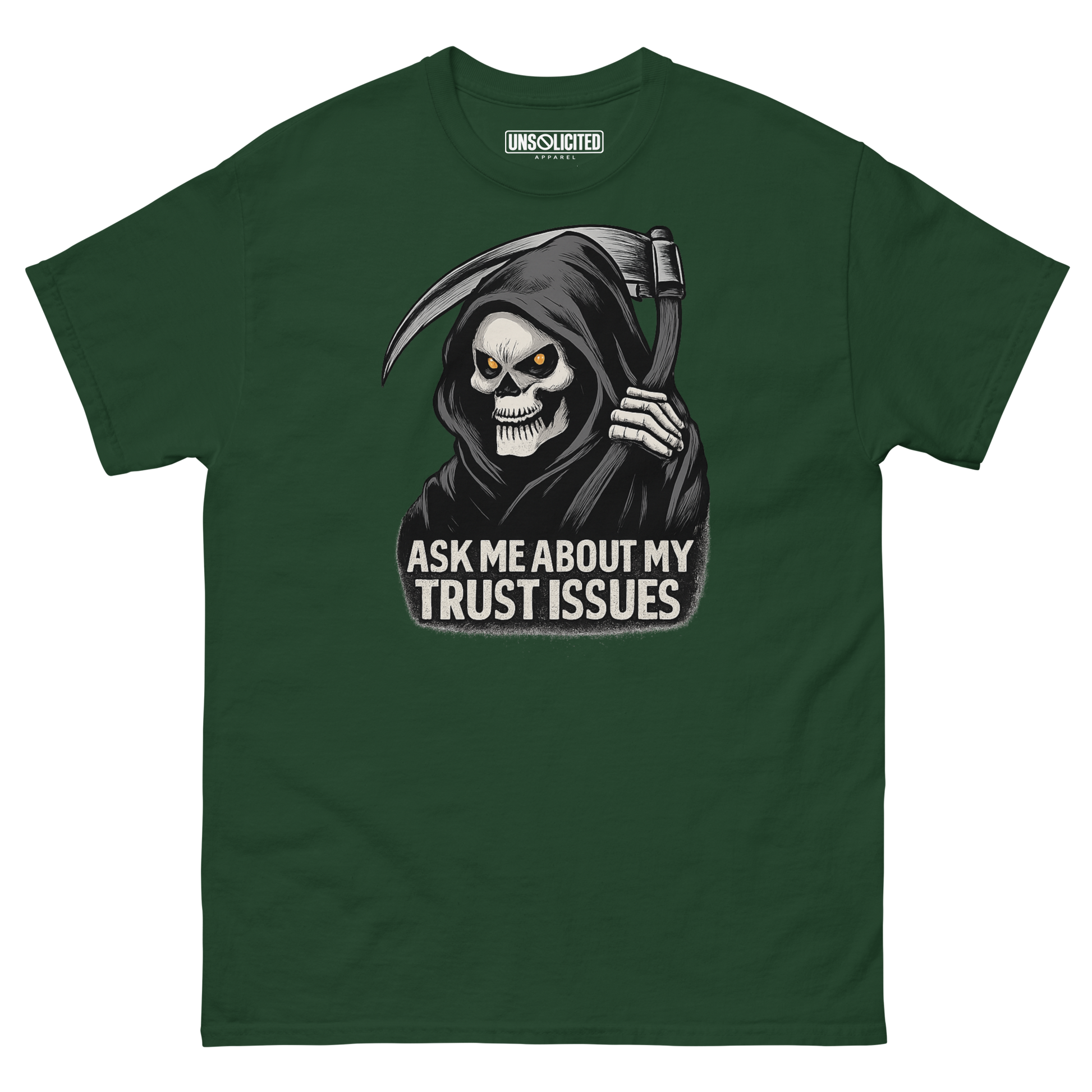Ask Me About My Trust Issues Grim Reaper Halloween shirt in forest green, front view